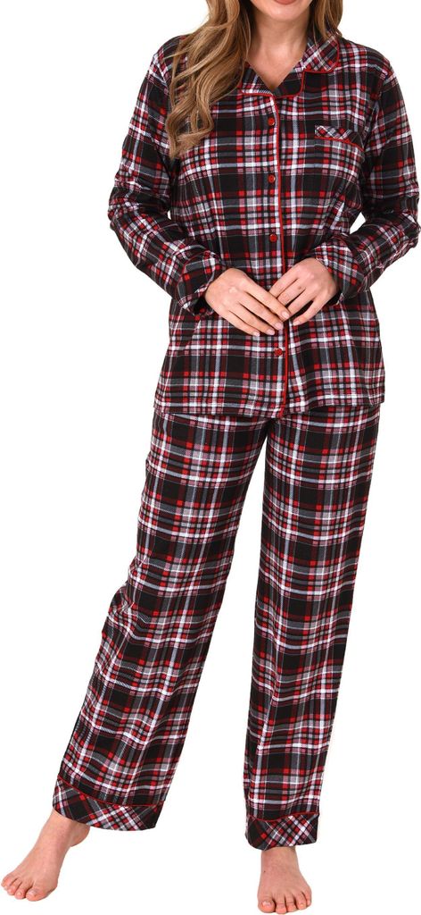 Damen Pyjama in Karo Optik zum durchknöpfen in Single Jersey Qualität - auch in Übergrößen ; rot , 44