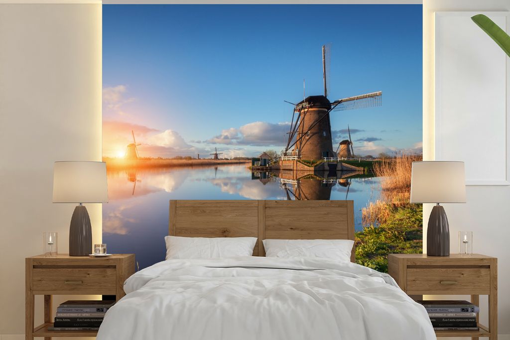 MuchoWow Fototapete für Wohnzimmer oder Schlafzimmer Wandtapete Vinyl Motivtapete Windmühle - Wasser - Sonne - 350x350 cm - Schlafzimmertapete