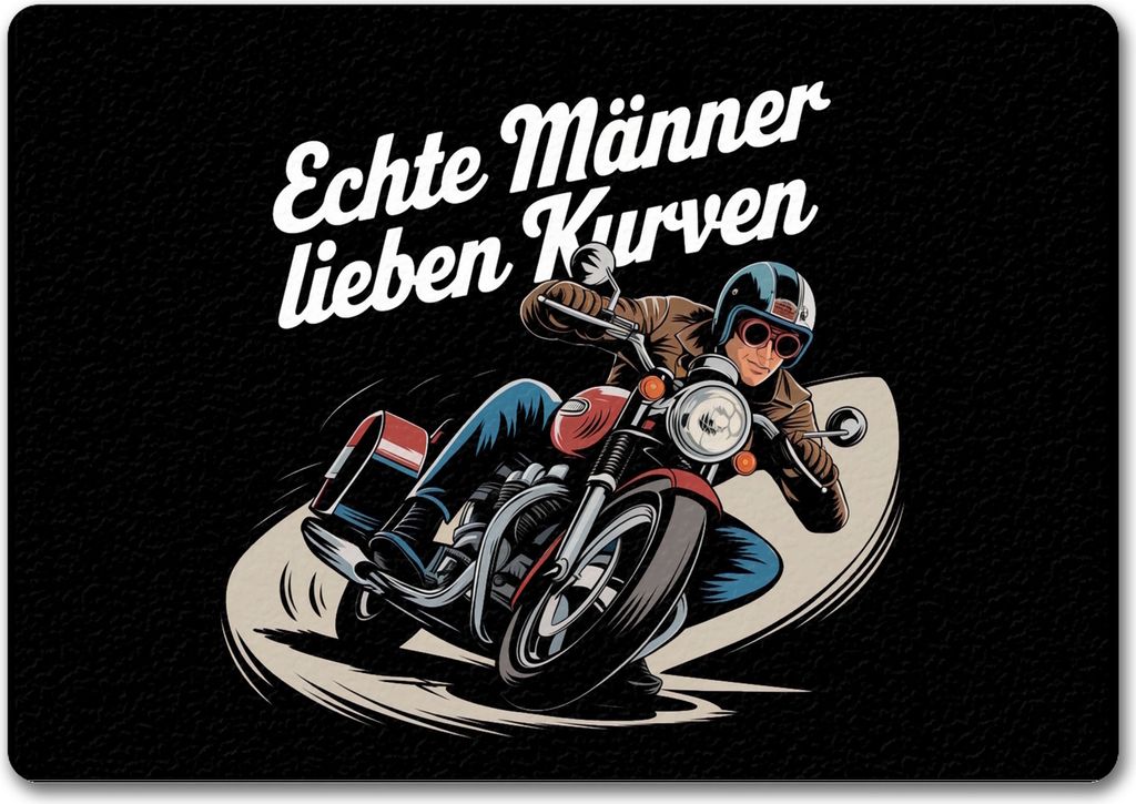 Echte Männer lieben Kurven Fußmatte in 35x50 cm ohne Rand mit Retro Biker