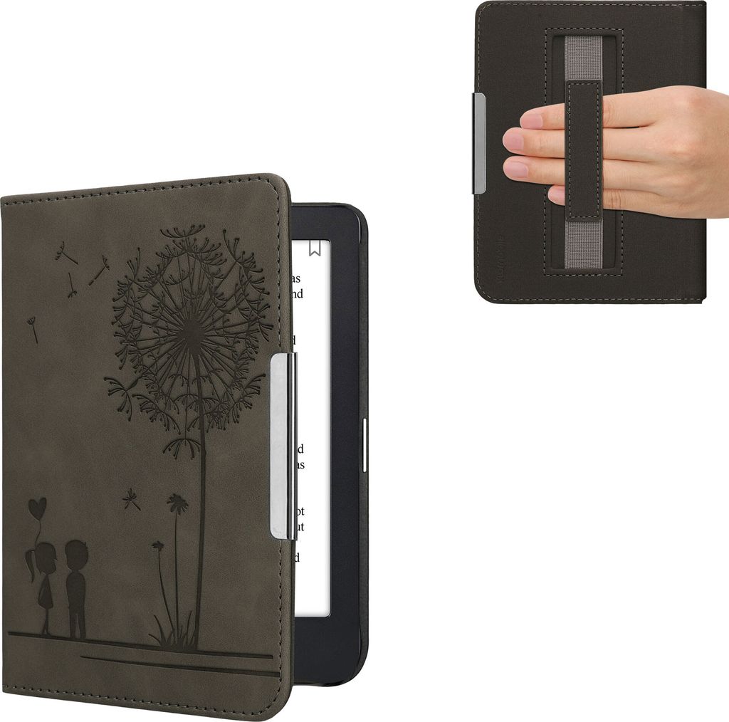 kwmobile Klapphülle kompatibel mit Kobo Clara 2E / Tolino Shine 4 - Hülle aus Kunstleder für eReader - mit Handschlaufe - Pusteblume Love Grau