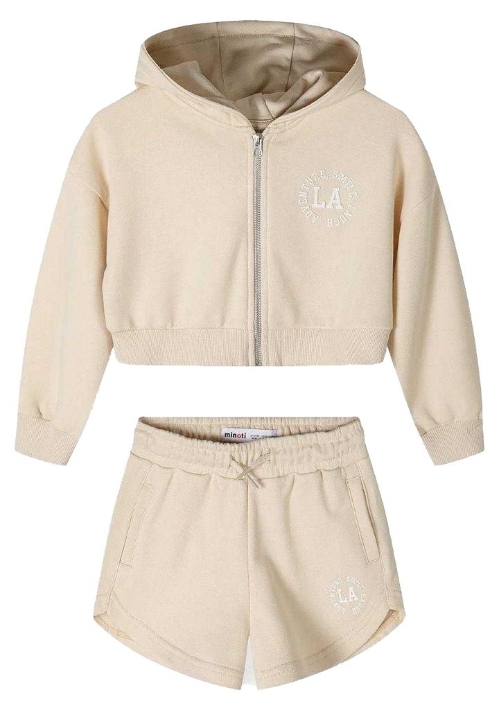 Minoti - Sweatshirt und Shorts Set für Mädchen, Mit vorderem Reißverschluss MN782 (104) (Beige)