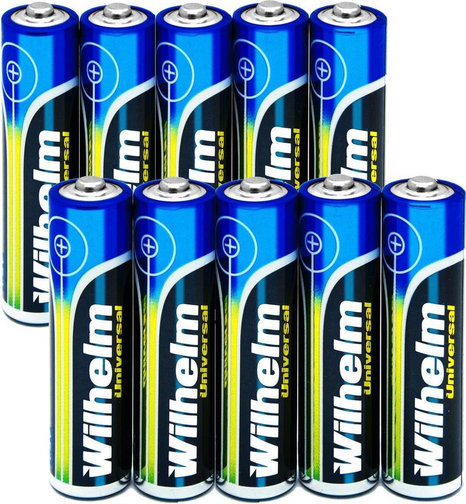 A group of AAA batteries arranged in two rows.