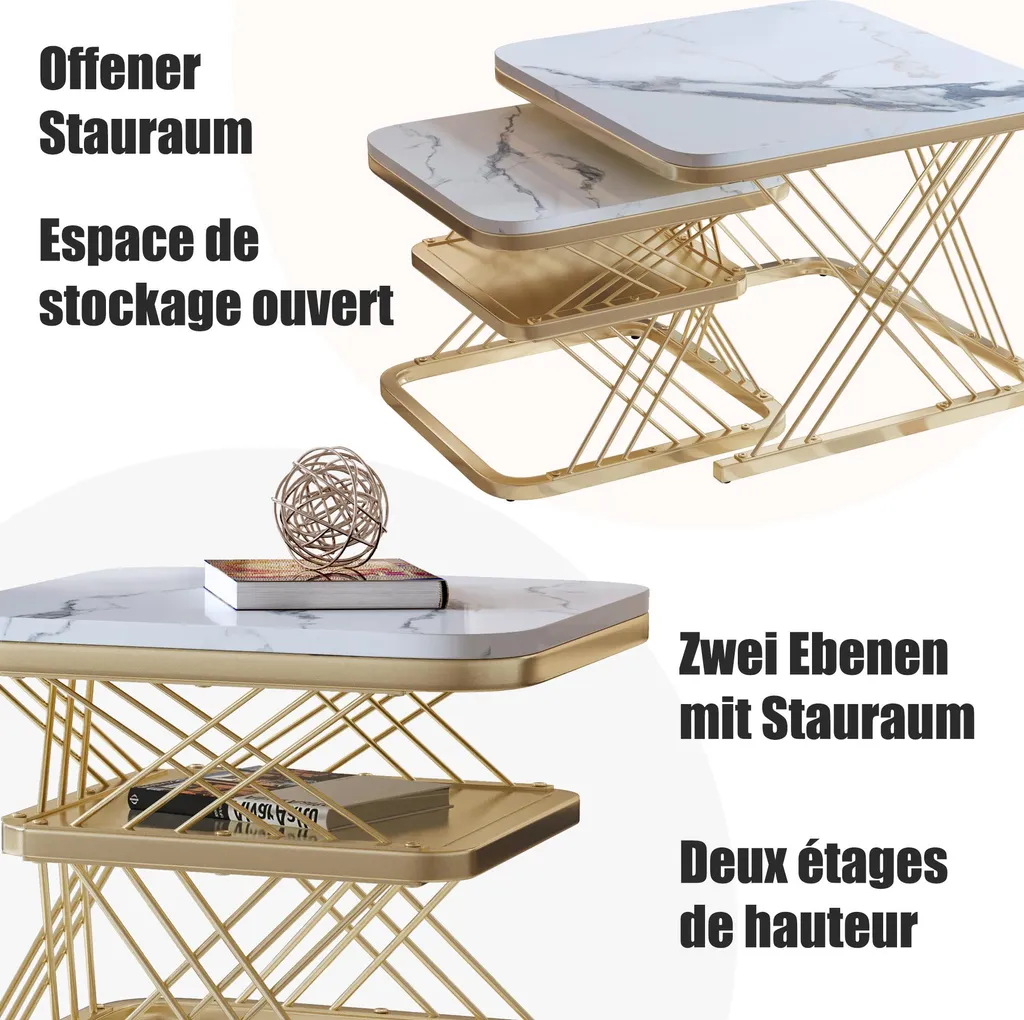 Table Basse Moderne Dorée et Marbre avec Rangement - Structure Métal