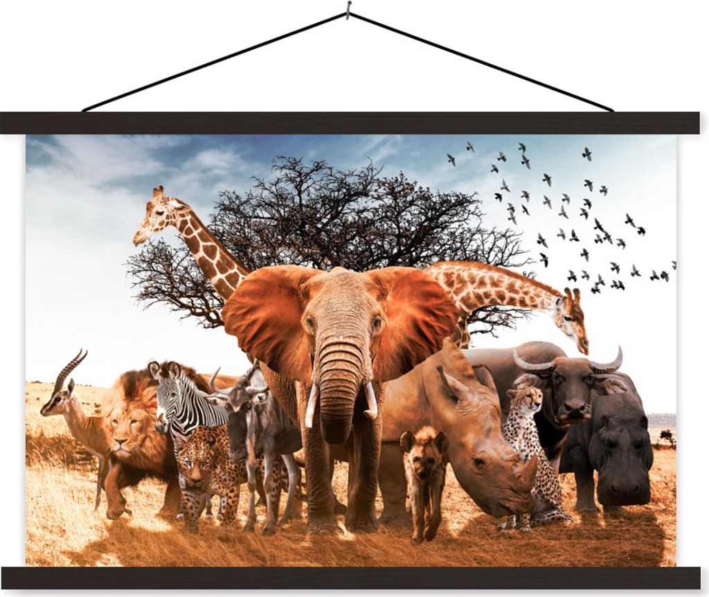 MuchoWow Textilposter Tiere - Giraffe - Elefant 120x80 cm mit schwarzem Rahmen - Wanddeko