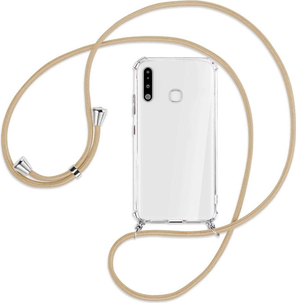 Handykette Backcover-Schutzhülle mit Band (Metall silberfarben) für Samsung Galaxy A70e - caramel