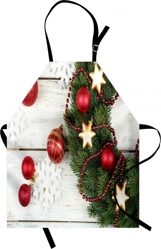 ABAKUHAUS Weihnachten Kochschürze, Noel-Blumenkranz mit Ball-Bändern auf dem rustikalen Hintergrund-Bild, Farbfest Höhenverstellbar Waschbar Kla...
