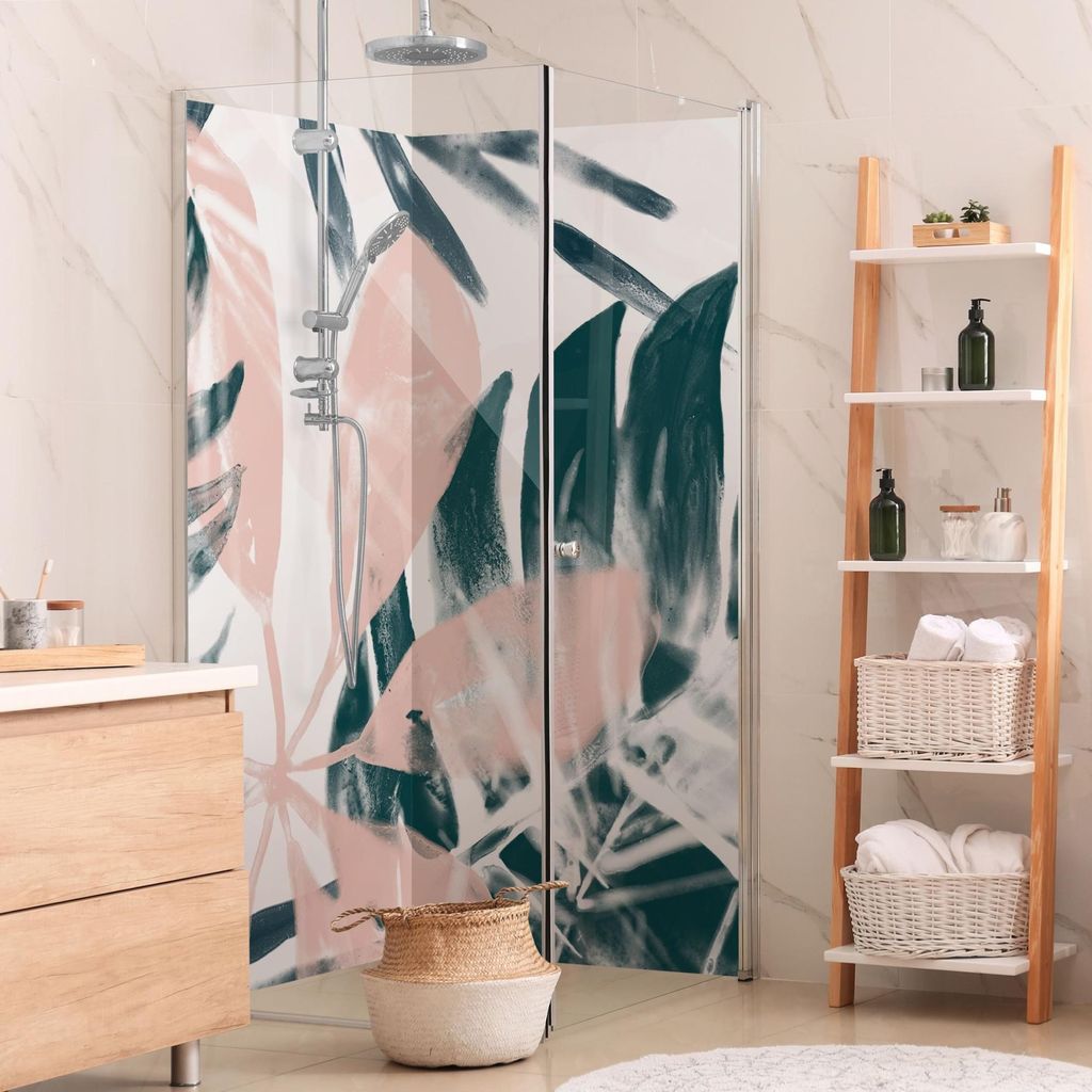 Duschrückwand mit Motiv selbstklebend - 0.61 mm Wandpaneel wasserfest Pflanzen petrol Abstrakt Badrückwand fugenlos Premium matt 90x190 cm