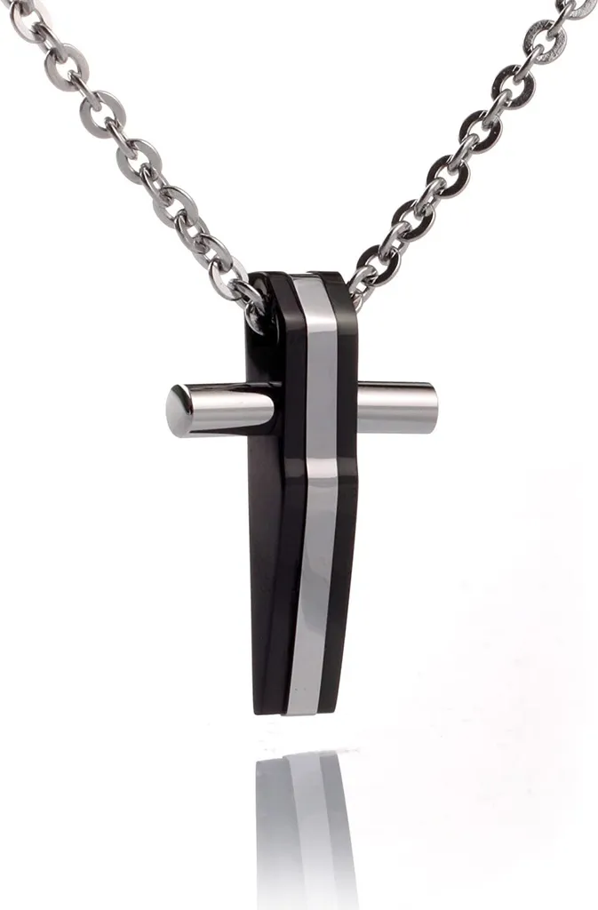 Collana Tradizionale Croce Uomo Nero Lucido Acciaio 50cm