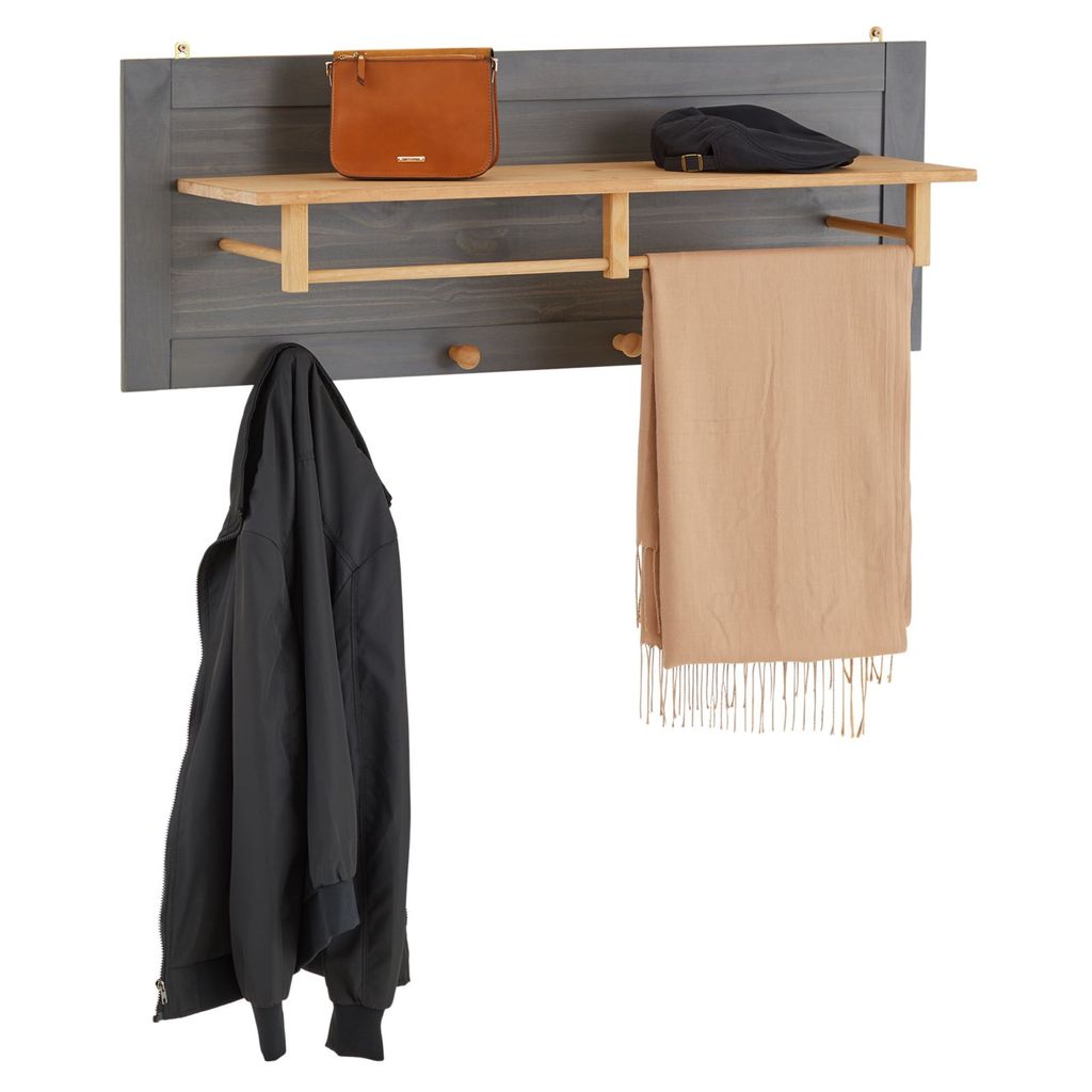 Garderobe BOLTON in anthrazit aus Kiefer im Landhausstil, Hängegarderobe mit 4 Kleiderhaken aus Massivholz, Wandgarderobe aus Holz lackiert mit Haken