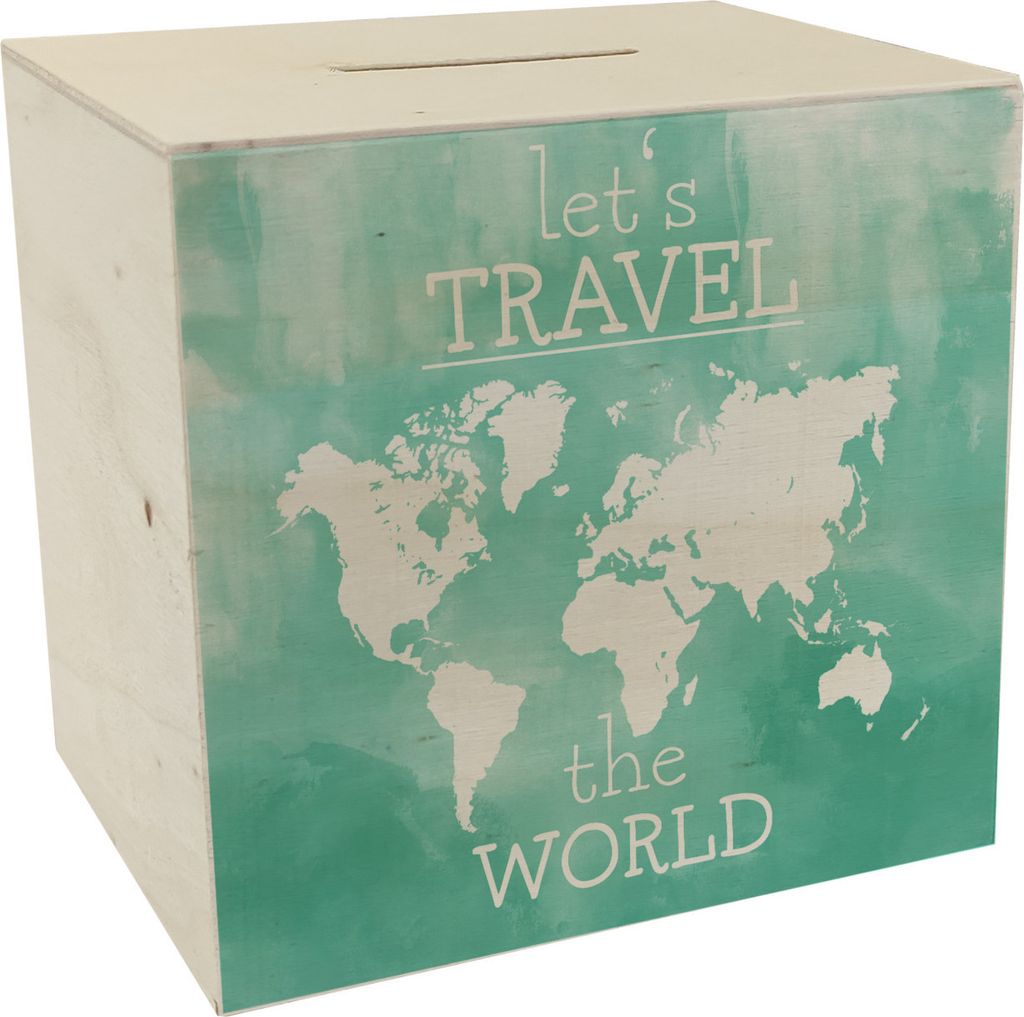Spardose aus Holz mit Weltkarten Motiv und Text - let's travel the world in