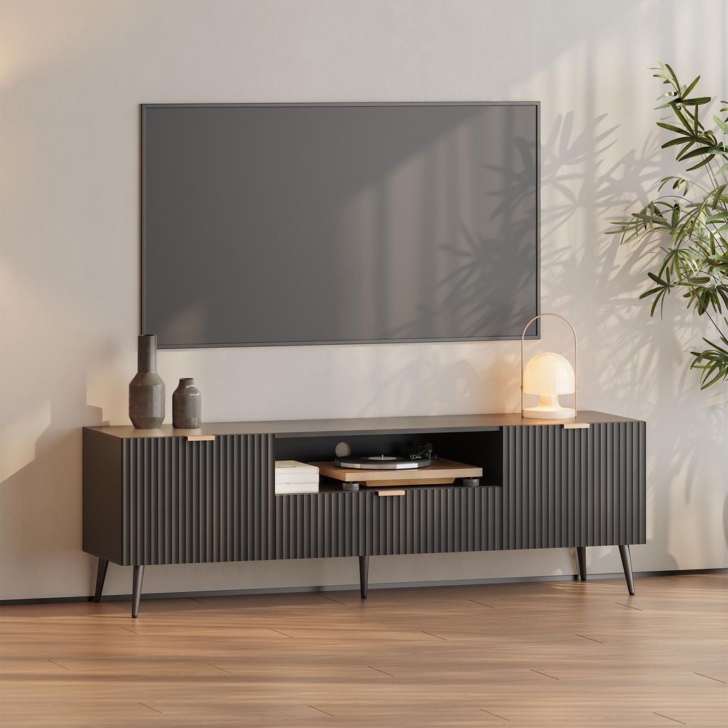 Meuble TV 'Nand' avec tiroir et 2 portes cannelées 160 x 40 Image du produit 