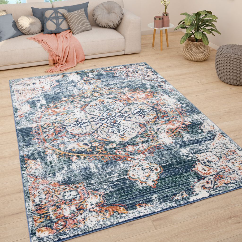 Teppich Wohnzimmer Kurzflor Vintage Pastell Modernes Orientalisches Muster Grösse 200 cm Rund