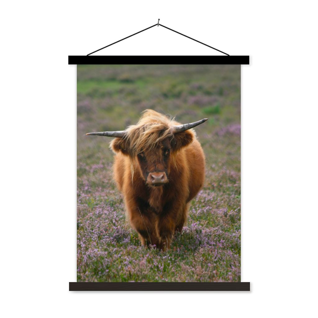 MuchoWow Textilposter Schottische Hochlandbewohner - Heidelandschaft - Tiere 120x160 cm mit schwarzem Rahmen - Magnetischer
