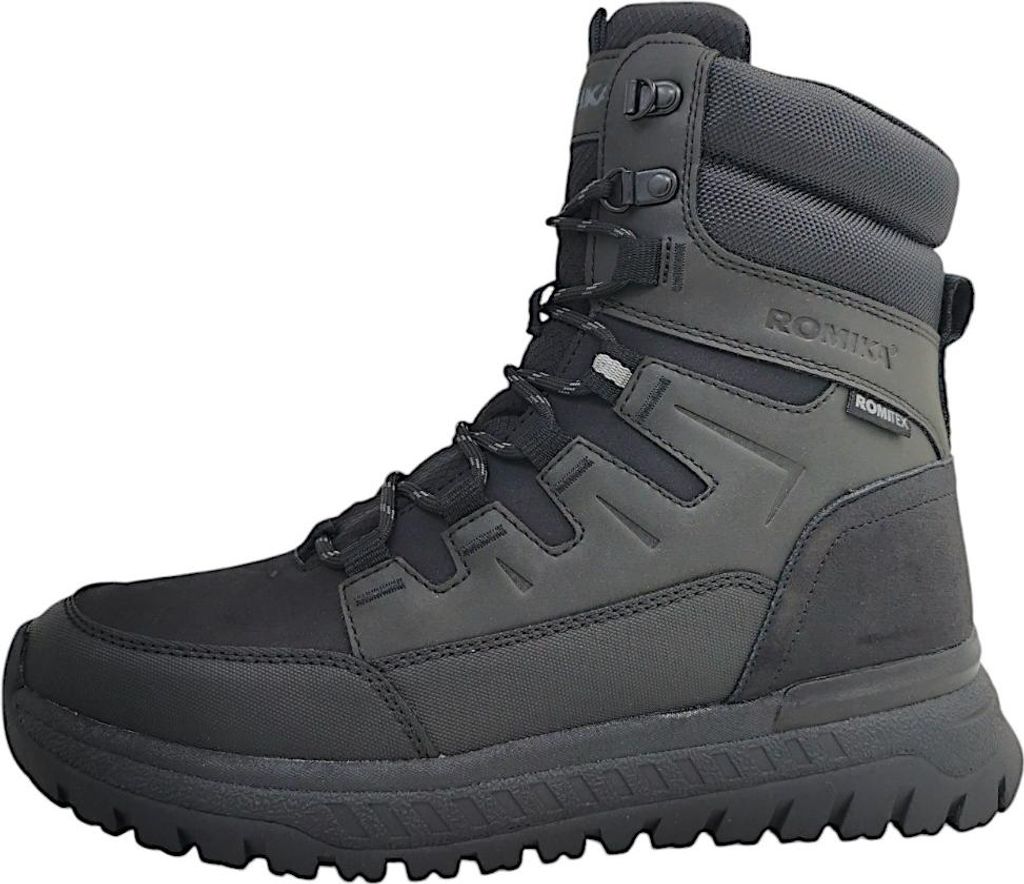 A black and gray winter boot is shown against a white background.