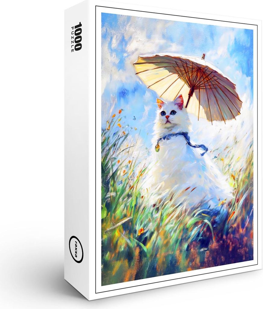 raxxa Premium-Puzzle "Impressionistic Oil Painting of White Cat with Parasol in Field", 1000 Teile