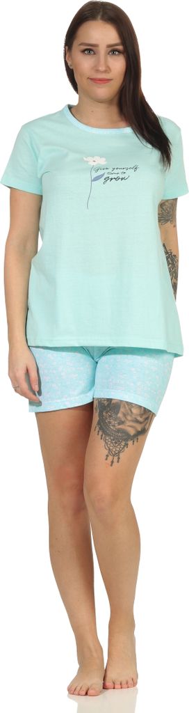 Damen Shorty Schlafanzug Pyjama kurzarm mit tollen Blümchen Design - 66635 ; mint , 44