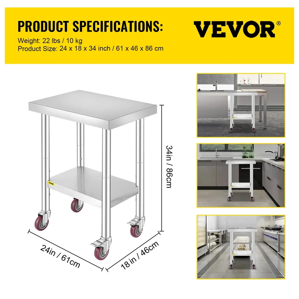 Desserte inox professionnelle sur roulettes - Table de préparation