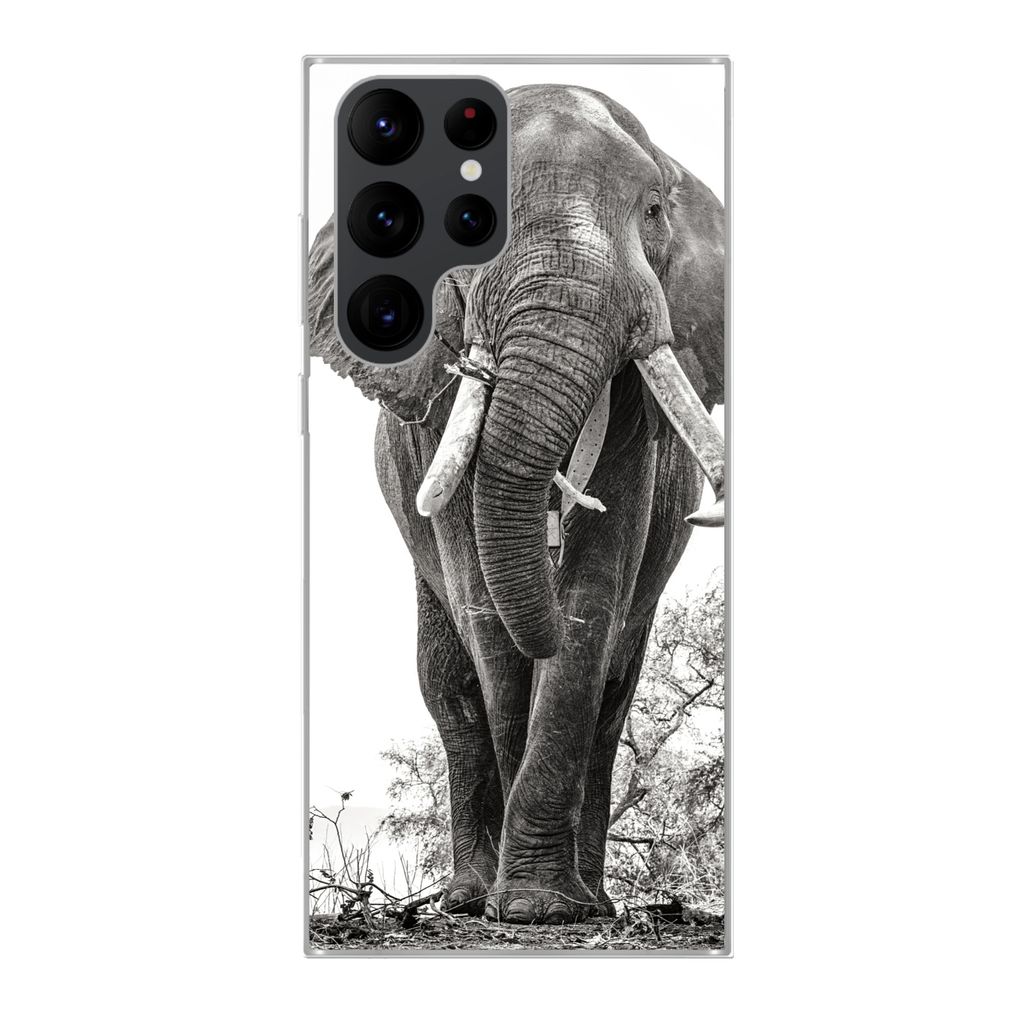 MuchoWow Handyhülle Schutzhülle Hülle für Samsung Galaxy S22 Ultra Elefant - Porträt - Tiere - Schwarz und weiß Silikon Softcase Handy Hül...