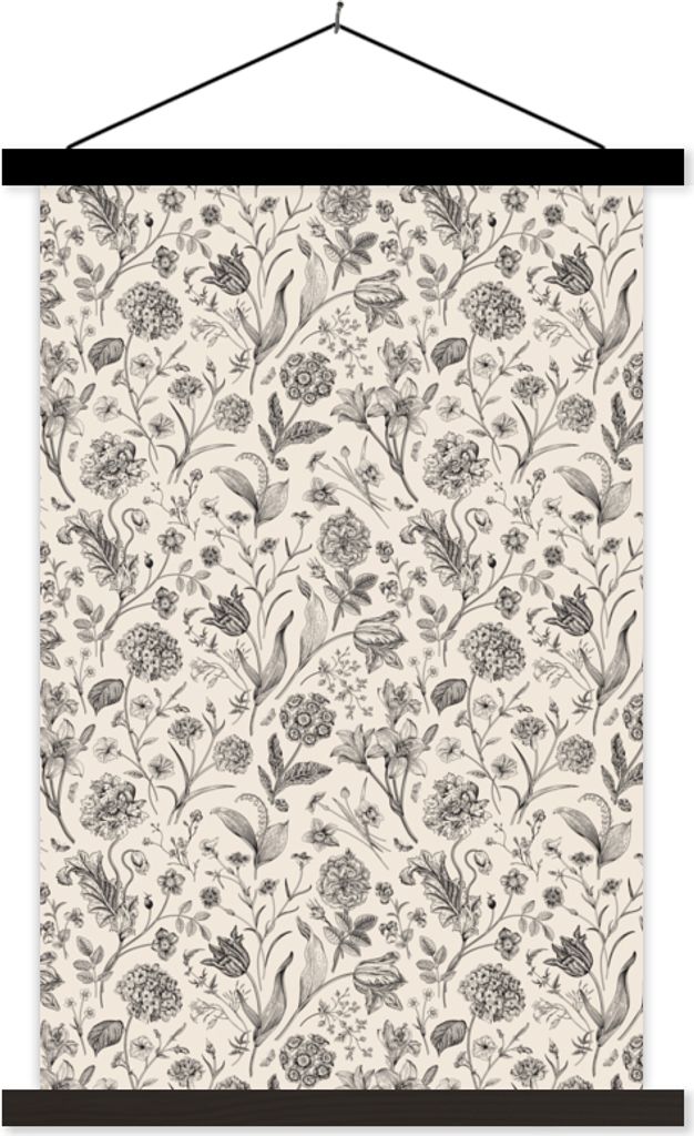 MuchoWow Textilposter Blumen - Muster - Grau 60x90 cm mit schwarzem Rahmen - Poster Wohnzimmer