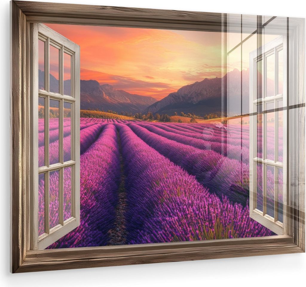 MuchoWow Glasbilder - Bilder auf Wandbild - Foto auf Glas Durchsichtig - Lavendel - Landschaft - Blumen - Lila 40x30 cm Wanddekoration aus Glas - A...