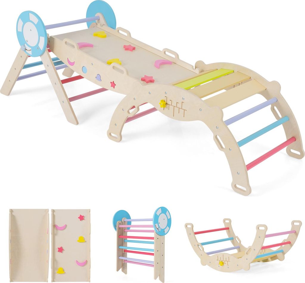 COSTWAY Klettergerüst Indoor 3er Set, klappabres Kletterdreieck mit Rutsche, Kletterbogen, inkl. doppelseitige Rampe & Baustein Set, für Kinder 1+