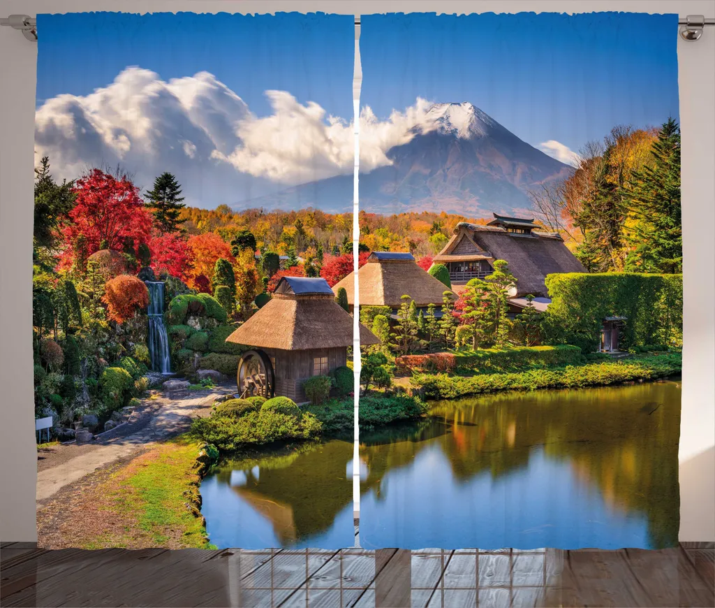 ABAKUHAUS Fuji Tenda rustica, vista delle case di Oshino, soggiorno Tende universali con passanti e ganci, 280 x 245 cm, multicolore