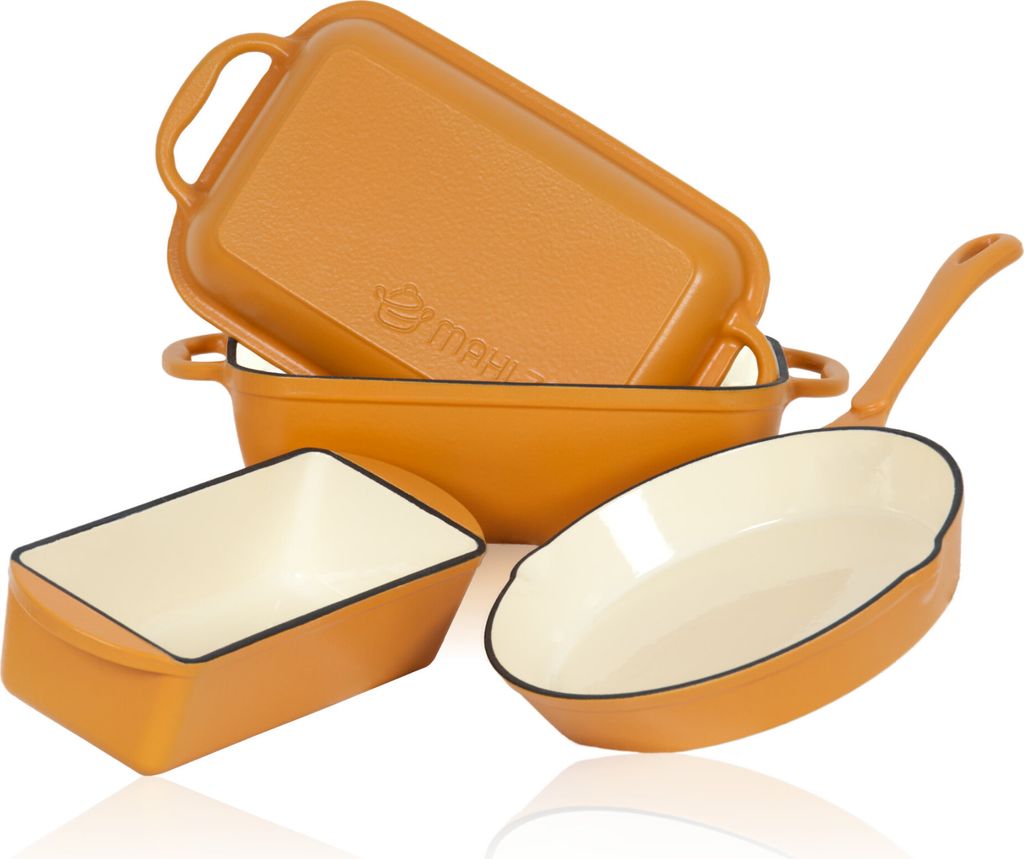 Mahlzeit 3-teiliges Gusseisen Set | Ø 24 cm, 1,6 Liter, 4,8 Liter | Sunny Orange | Kochset, Topfset