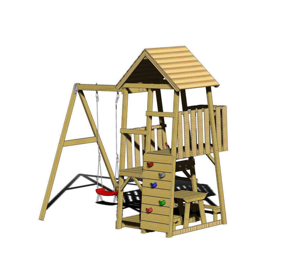 Wendi Toys Holz Spielturm Gorilla mit Rutsche, Kletterwand, Schaukel und Picknicktisch Natur 290x270x270 cm