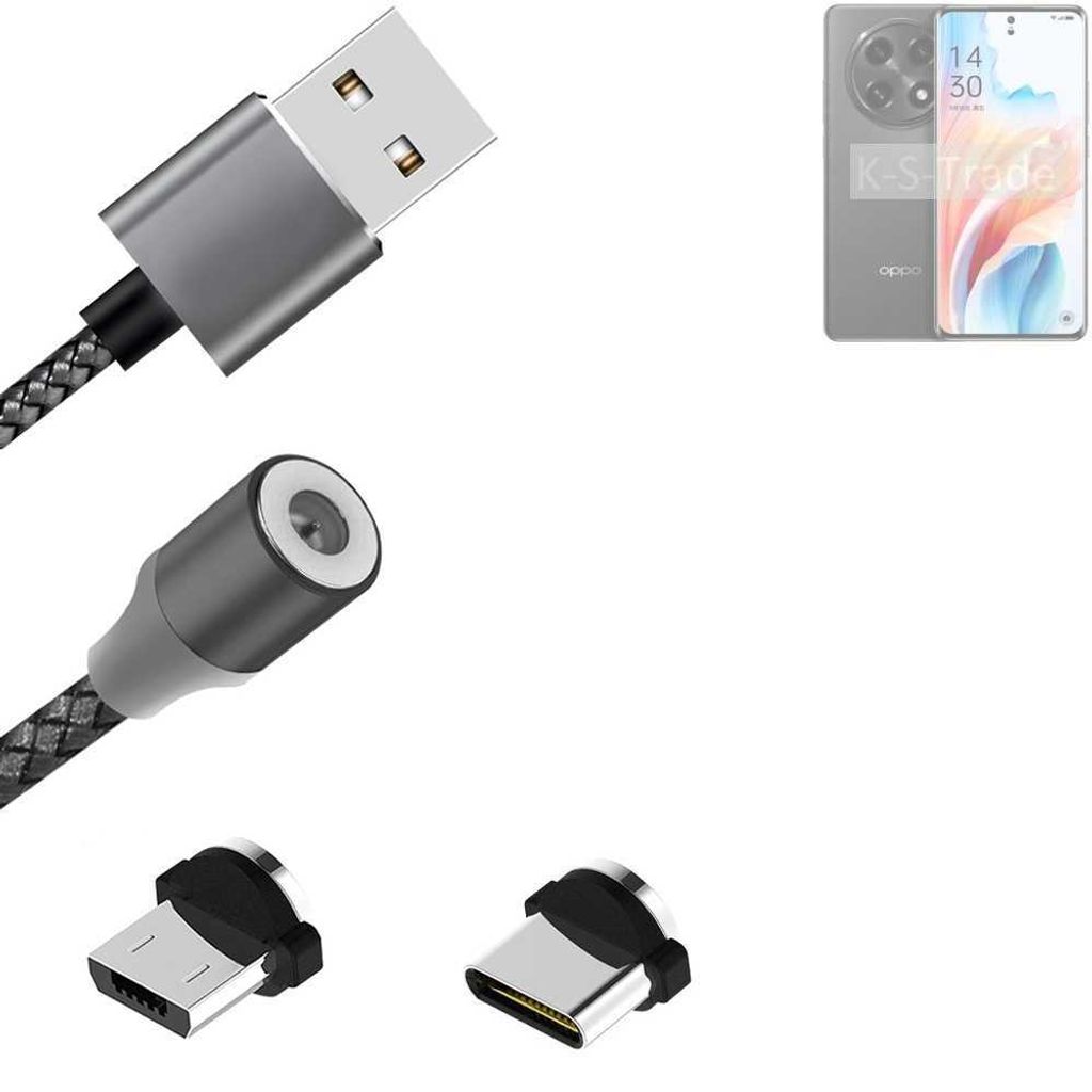K-S-Trade Hochwertiges Magnet-Lade-kabel Sync-Kabel Daten-Kabel für Oppo A2 Pro mit USB-Typ-C-Anschluss und Micro-USB-Anschluss 2A bis zu 480mbps