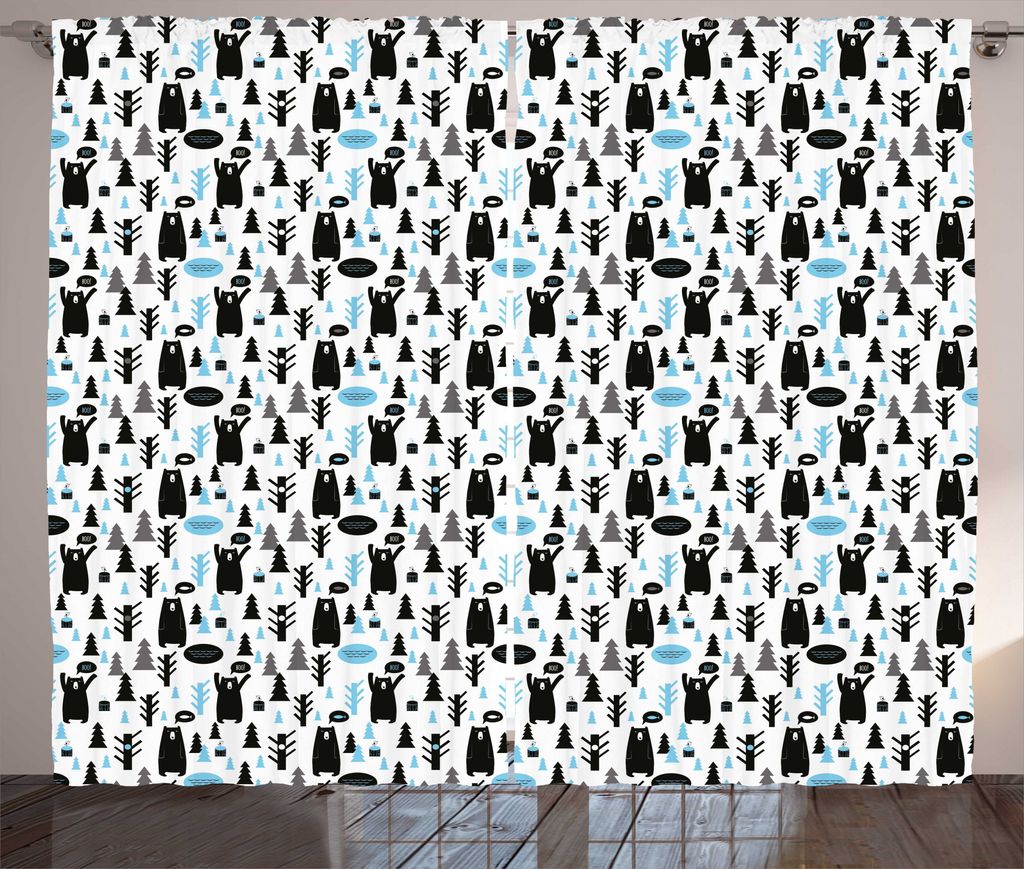 ABAKUHAUS Bär Rustikaler Vorhang, Moderne Waldtiere Joy, Wohnzimmer Universalband Gardinen mit Schlaufen und Haken, 280 x 175 cm, Blassblau Schwar...