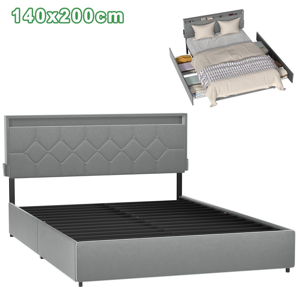 JOIEYOU Modernes Polsterbett mit 4 Schubladen & Kopfteil, Bettgestell 140x200 cm, Stauraumbett Schlafzimmer, Bett mit Stauraum Hellgrau