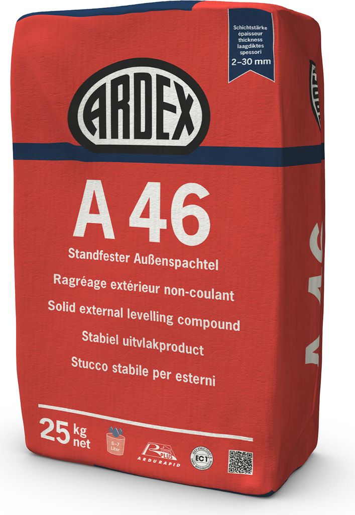 A red bag of ARDEX A 46 Standfester Außenspachtel.
