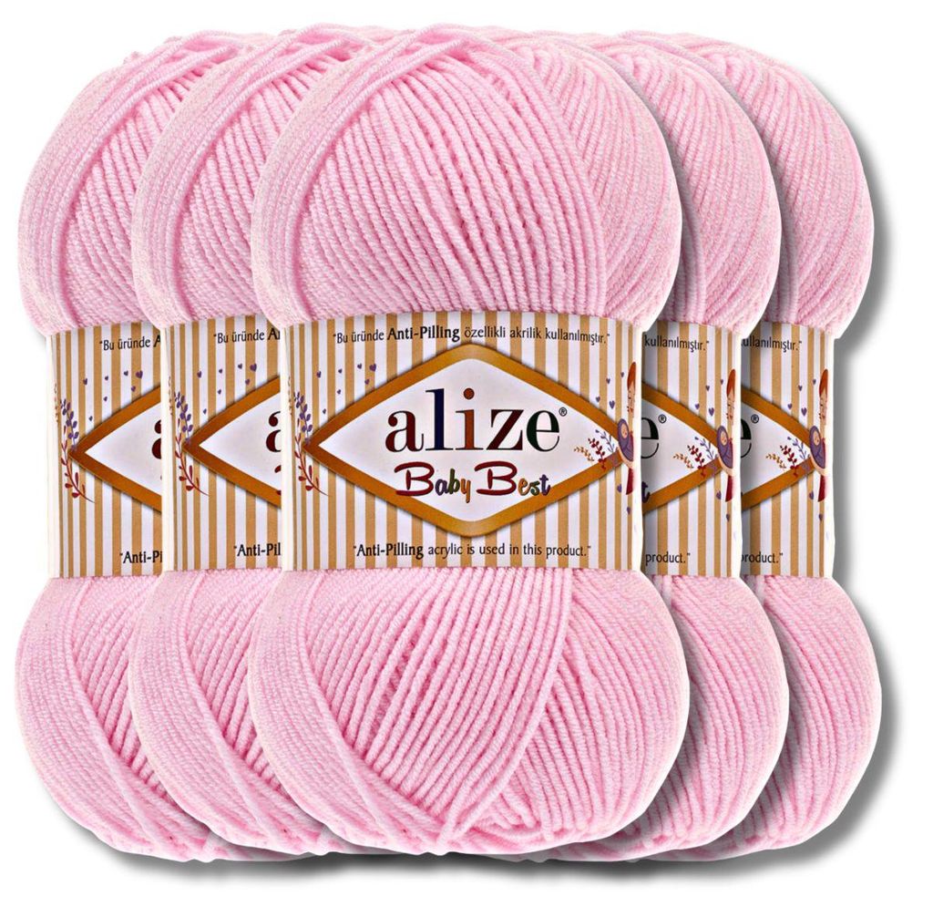 Alize 5x 100g Baby Best Wolle, Antipilling, Uni, Häkeln, Stricken (Powder Pink | 185)