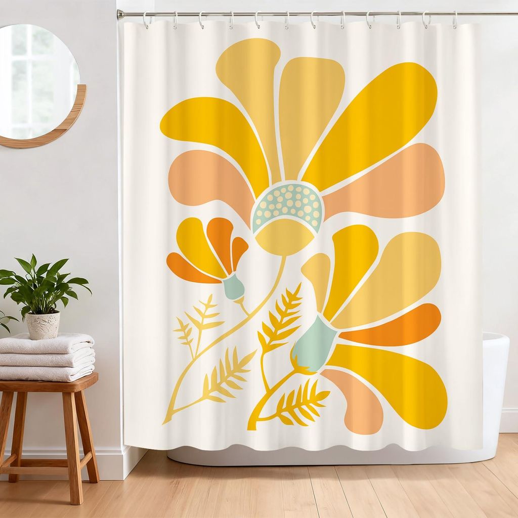 Duschvorhang 180x180 cm, schimmelresistenter Duschvorhang, orangefarbener Stoff mit Blumenmuster, Polyester, wasserdichter Badvorhang mit Ösen und...