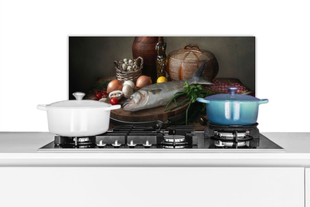 KitchenYeah Spritzschutz Küche - Küchenrückwand - Wandschutz für Herd und Spüle - Rustikal - Fisch - Stilleben - Gemüse - Kräuter 70x30 - ...