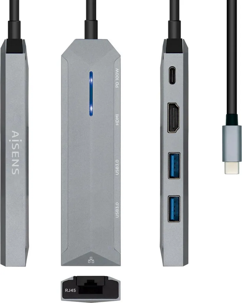 Hub USB-C 5 Ports Aisens ASUC-5P003-GR - Design Argent en Aluminium