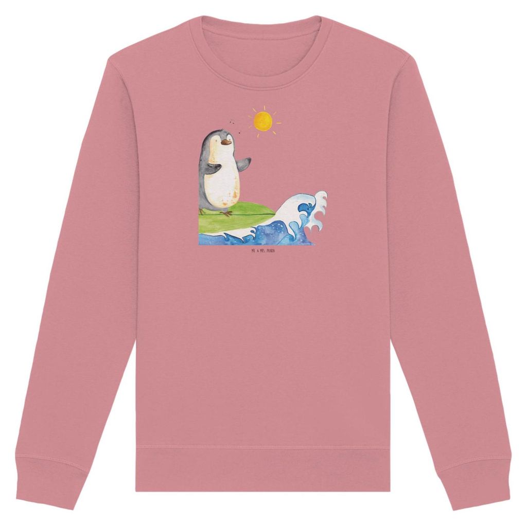 Mr. & Mrs. Panda Bio Baumwoll Pullover Pinguin Surfer Größe L - Canyon Pink - Geschenk, Optimistisch, Sweatshirt, Urlaub, Portugal, Sweater, Pull...