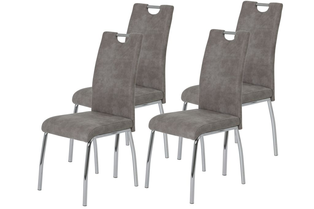 Hela Tische, 4er Set Esszimmerstuhl, Vierfuß-Stuhl Susi - Bezug Vintage Grau - Lehne mit Griff - Rundrohr Metallgestell verchromt - 120kg belastbar