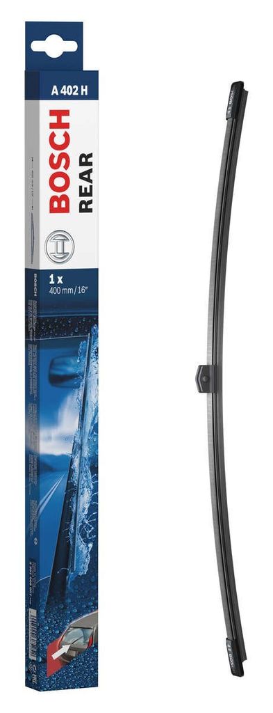 A Bosch rear windshield wiper blade in its packaging, displayed next to the blade itself.