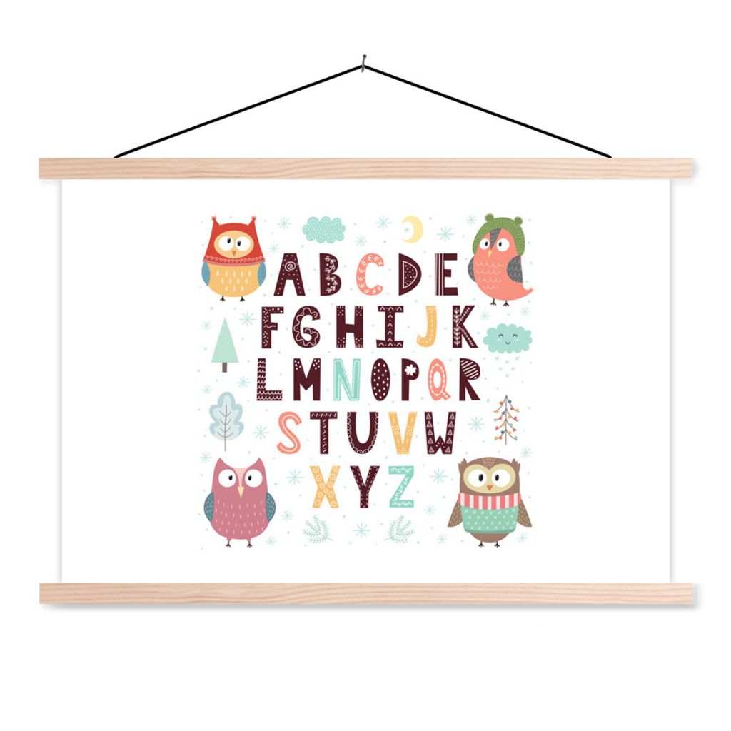 MuchoWow Textilposter Illustration Alphabet mit lustigen Eulen 120x80 cm mit holzfarbenen Rahmen - Aufhängeset