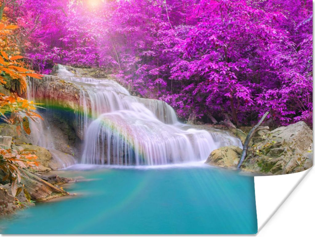 MuchoWow Poster Wasserfall - Bäume - Regenbogen - Lila 80x60 cm - Kunst für zu Hause