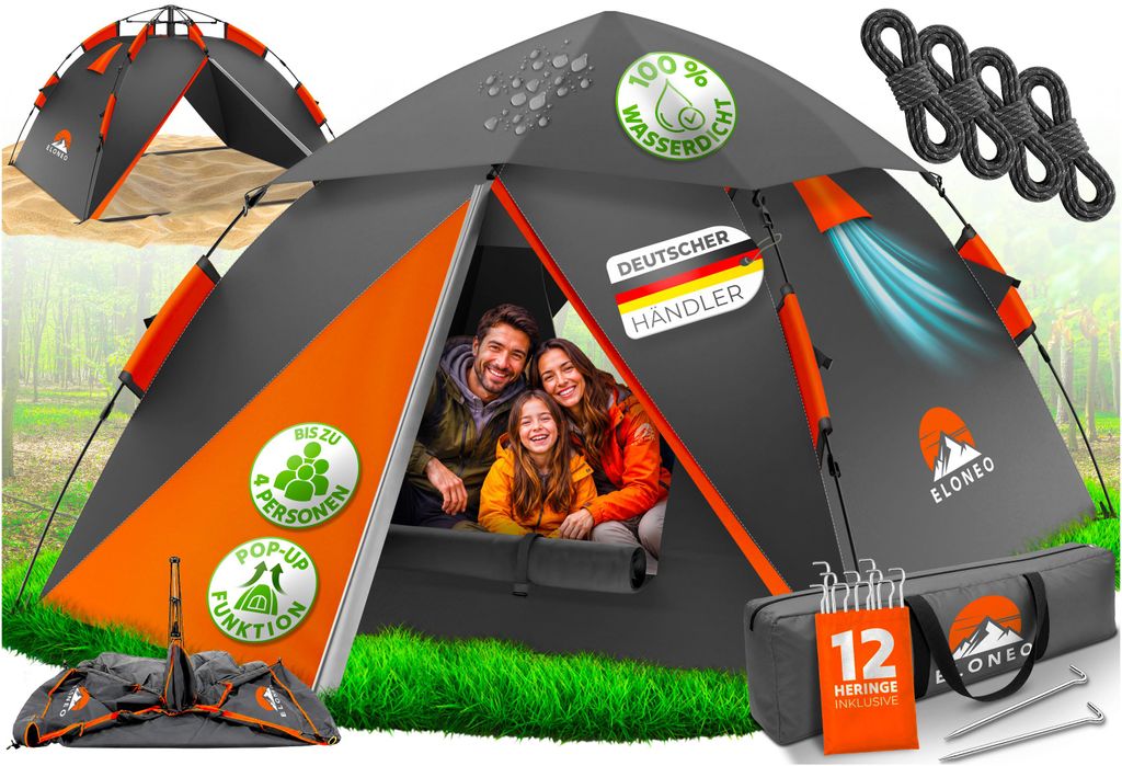 ELONEO Wurfzelt Pop Up Zelt wasserdicht Campingzelt Schnellaufbau Outdoor Zelt Orange/Grau 1-4 Personen