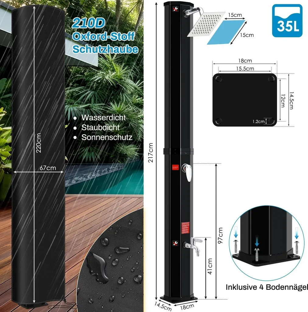 Douche solaire 35L aluminium blanc : eau chaude gratuite jardin piscine