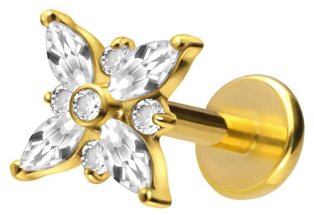 Ohrpiercing, Nasenpiercing Titan Labret mit Push Fit KRISTALLSTERN Gold Stablänge: 8mm | Stabstärke: 1mm