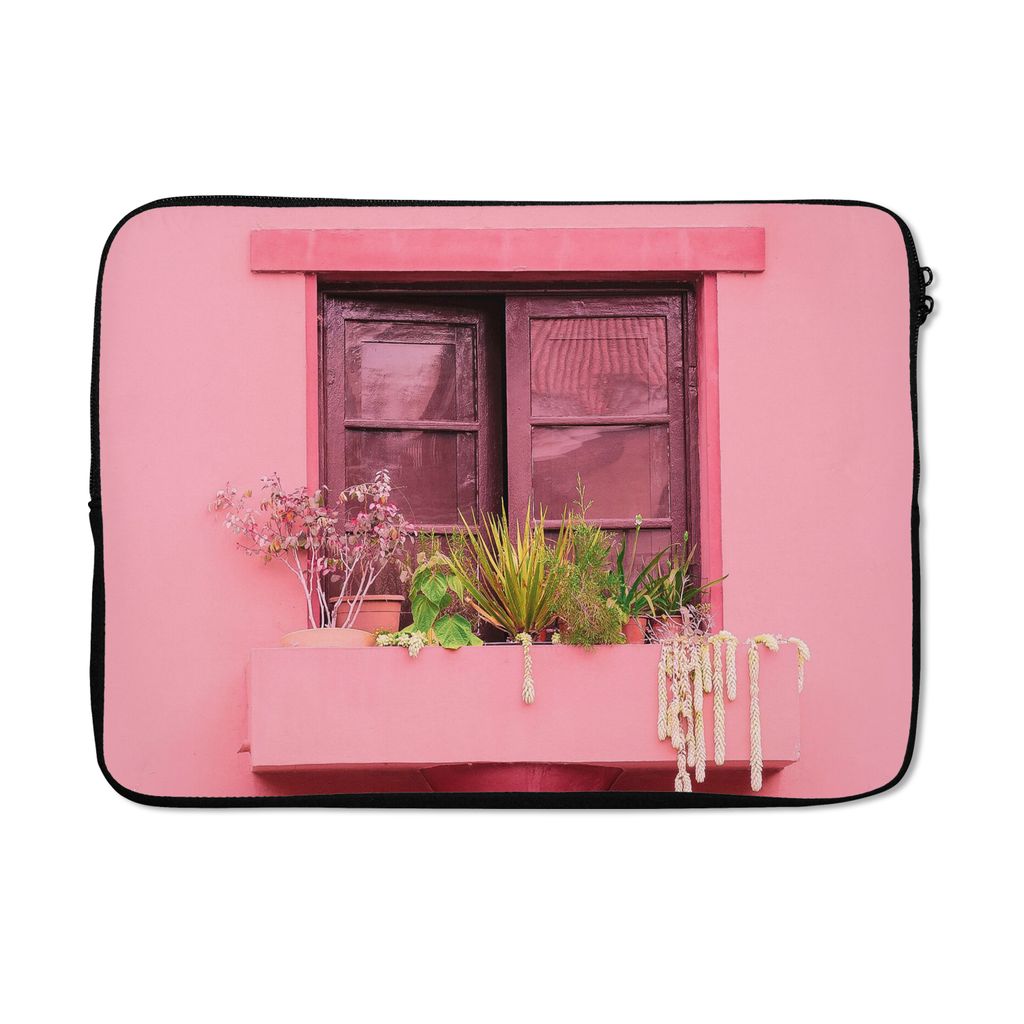 MuchoWow Laptop Hülle 14 ZollFenster - Pflanzen - Rosa - Pflanzgefäß Laptoptasche - Laptoptasche - Stoßsicher - Schutzhaube