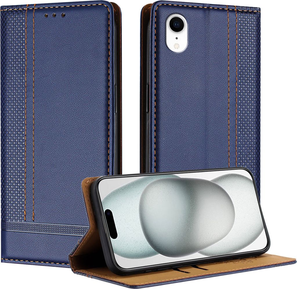 Handyhülle für iPhone XR Leder Flip Klappbare Schutzhülle mit Standfunktion Blau