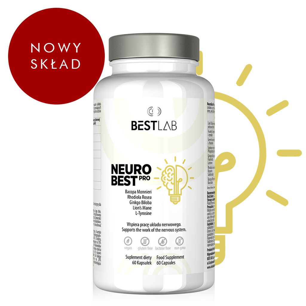 A product shot of a bottle of BESTLAB NeuroBest PRO supplements, with a red circle overlay in the top left corner.