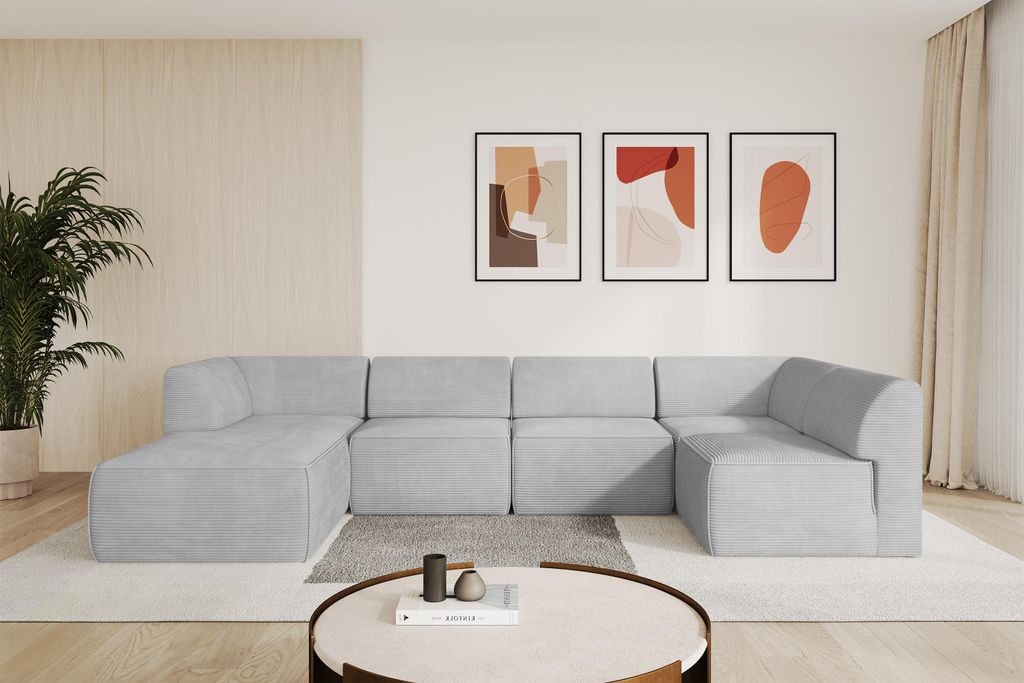 ALTDECOR Ecksofa Wohnlandschaft MOVO-L 345x180x78 cm - Grau Cord Corner Sofa Eckcouch Couch U-Form, Links angeordnet Ausziehbar