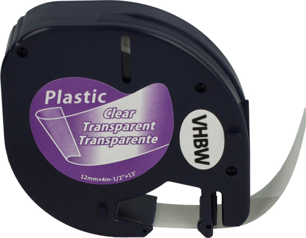vhbw Schriftband-Kassette Plastik kompatibel mit Dymo LetraTag LT-100T, LT-100H, 2000 Etiketten-Drucker 4m x 12mm Schwarz auf Transparent