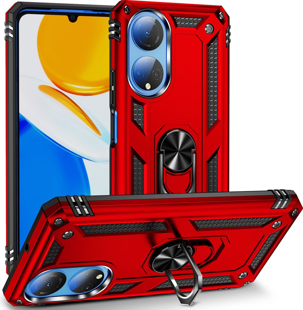 Honor X7 Hülle, Dual Layer Robust Militäre Schutzhülle mit Ringhalterung Ständer für Honor X7 Rot